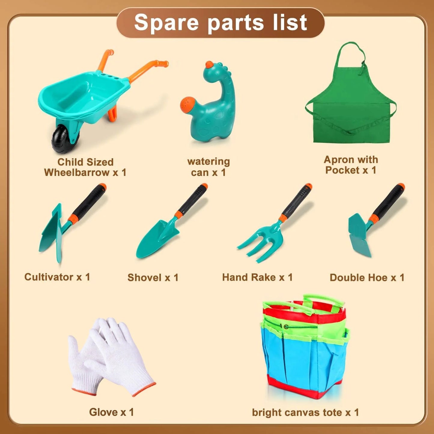Children's Gardening Tool Set with Wheelbarrow, Watering Can, Gloves, Hand Rake, Shovel, Trowel, Double Hoe, and Apron - Green